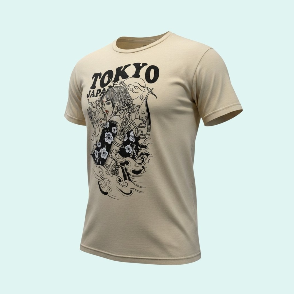 LCM International Men's XL Tokyo Japan Graphic T-Shirt Beige Cotton Archer Tee